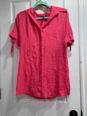 Bright Pink Button-Front Short Sleeve Blouse with Tie Sleeves